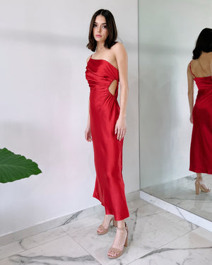 Red Open Detail Silk Midi Dress