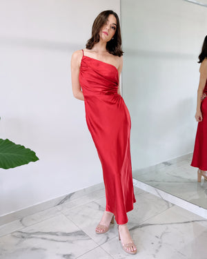 Red Open Detail Silk Midi Dress