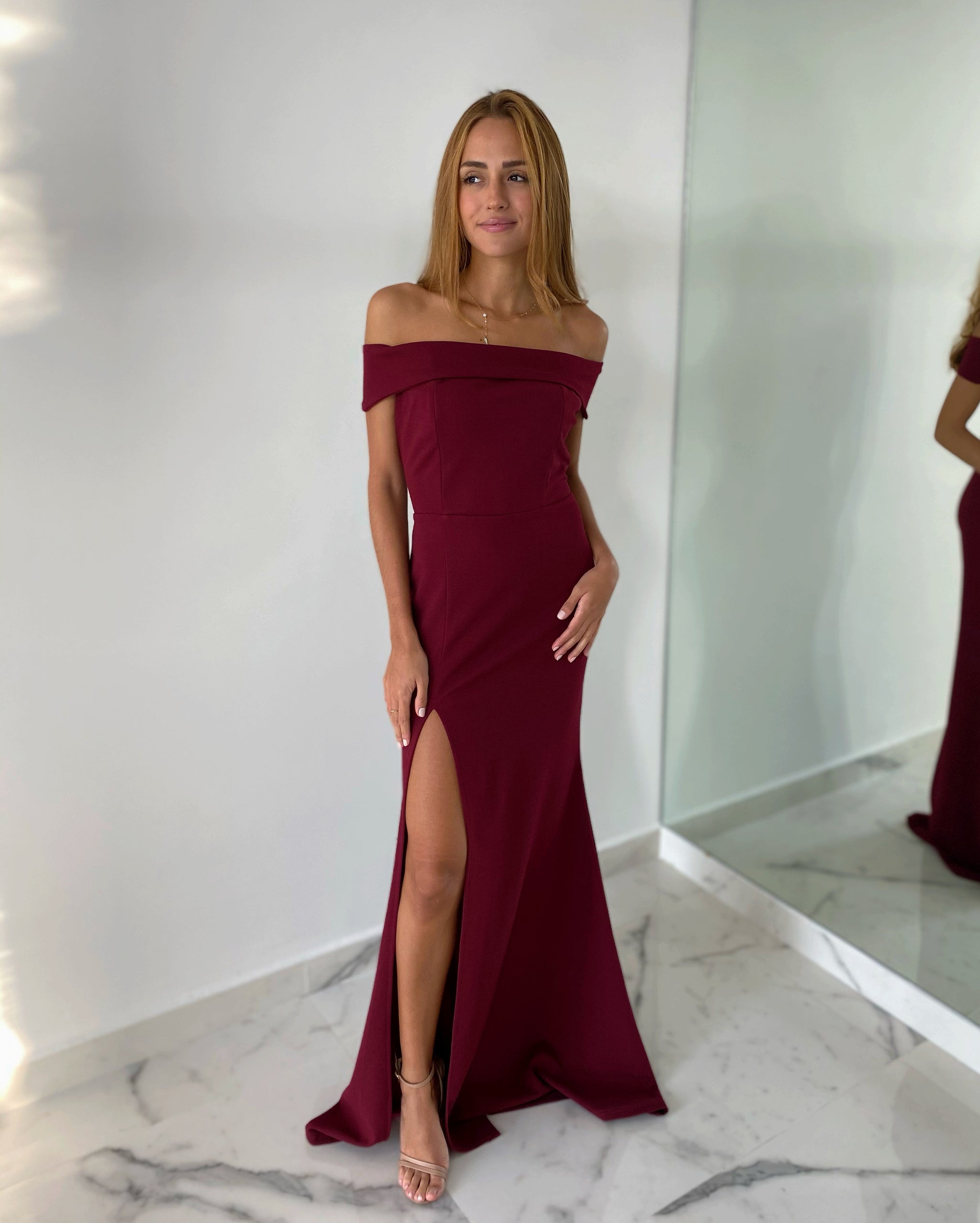 Basic Off Shoulder Wine Gown Dress