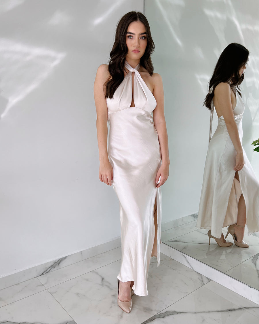 Champagne Halter Silk Midi Dress