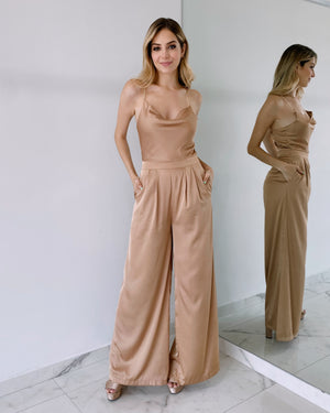 Nude Chain Detail Silk Jumpsuit