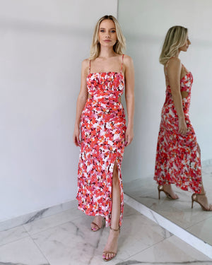 Red Floral Open Back Midi Dress