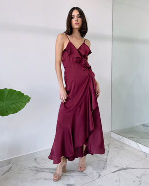 Wine Ruffle Silk Midi Dress