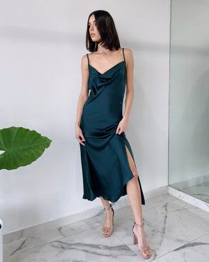 Green Basic Silk Midi Dress