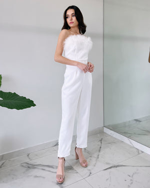 White Strapless Feather Jumpsuit