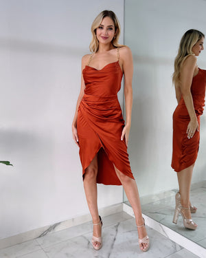 Rust Chain Silk Midi Dress