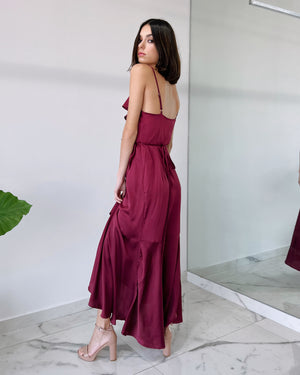 Wine Ruffle Silk Midi Dress