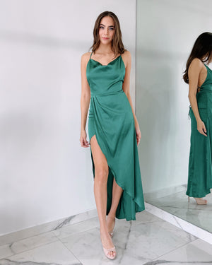 Green Open Back Silk Midi Dress