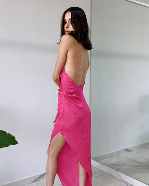 Hot Pink Halter Silk Midi Dress
