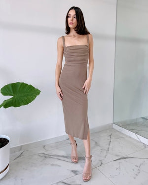 Mocha Open Back Bodycon Midi Dress