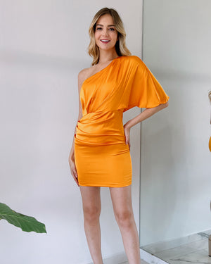 Marigold One Shoulder Silk Short Dress