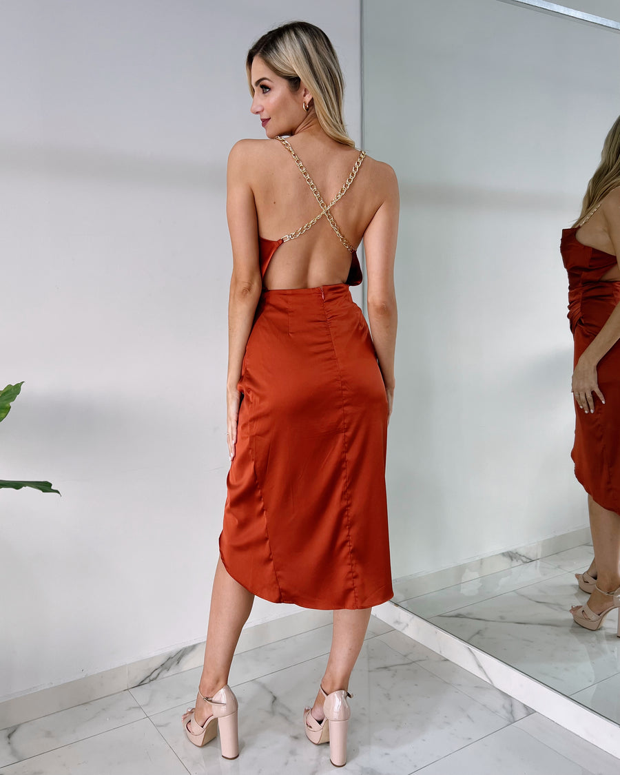 Rust Chain Silk Midi Dress