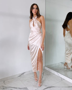 Champagne Open Back Halter Silk Midi Dress