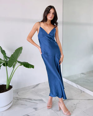 Electric Blue Basic Silk Midi Dress