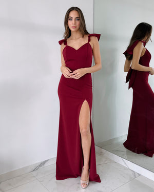 Wine Ruffle Open Leg Silk Gown Dress