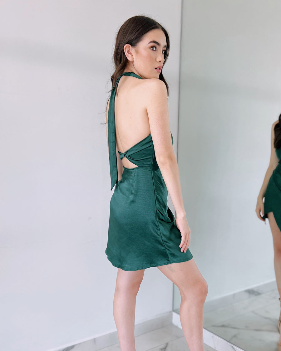 Forest Green Short Silk Mini Dress