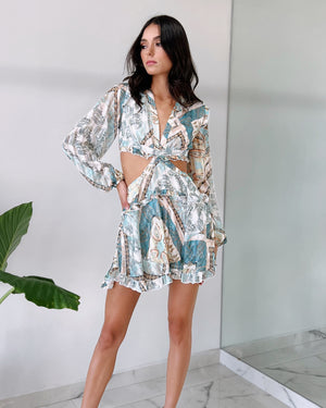 Blue Print V Neck Romper