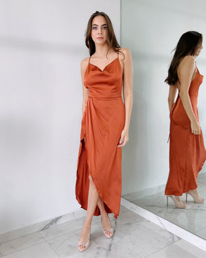 Rust Open Back Silk Midi Dress