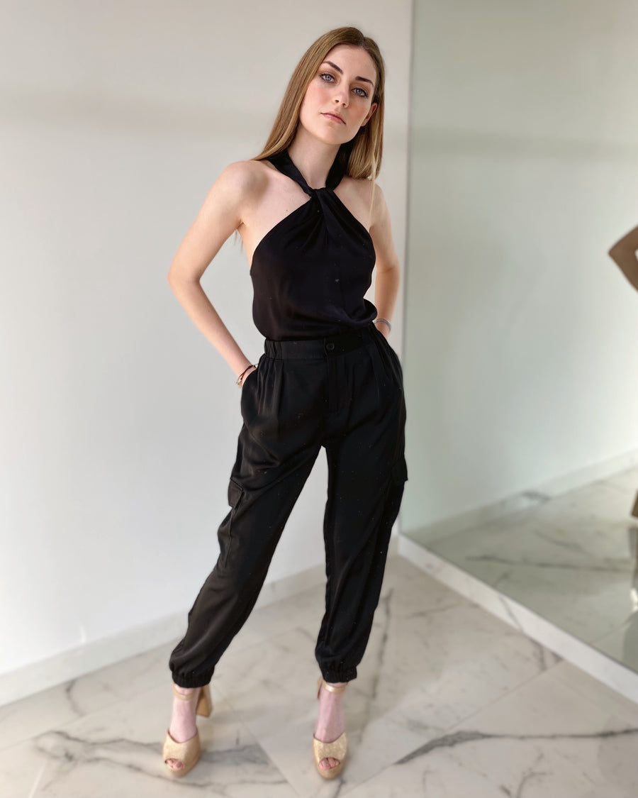Black Halter Silk Top