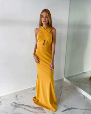 V Neck Mustard Gown Dress