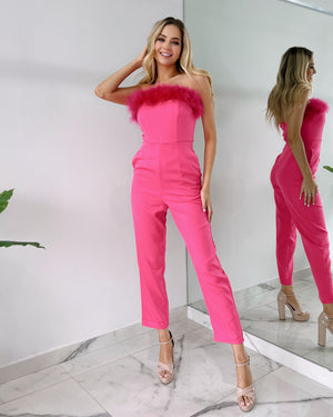 Hot Pink Strapless Feathers Jumpsuit