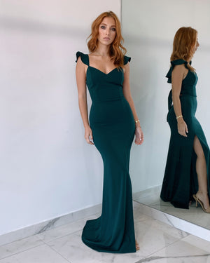 Green Ruffle Open Leg Silk Gown Dress