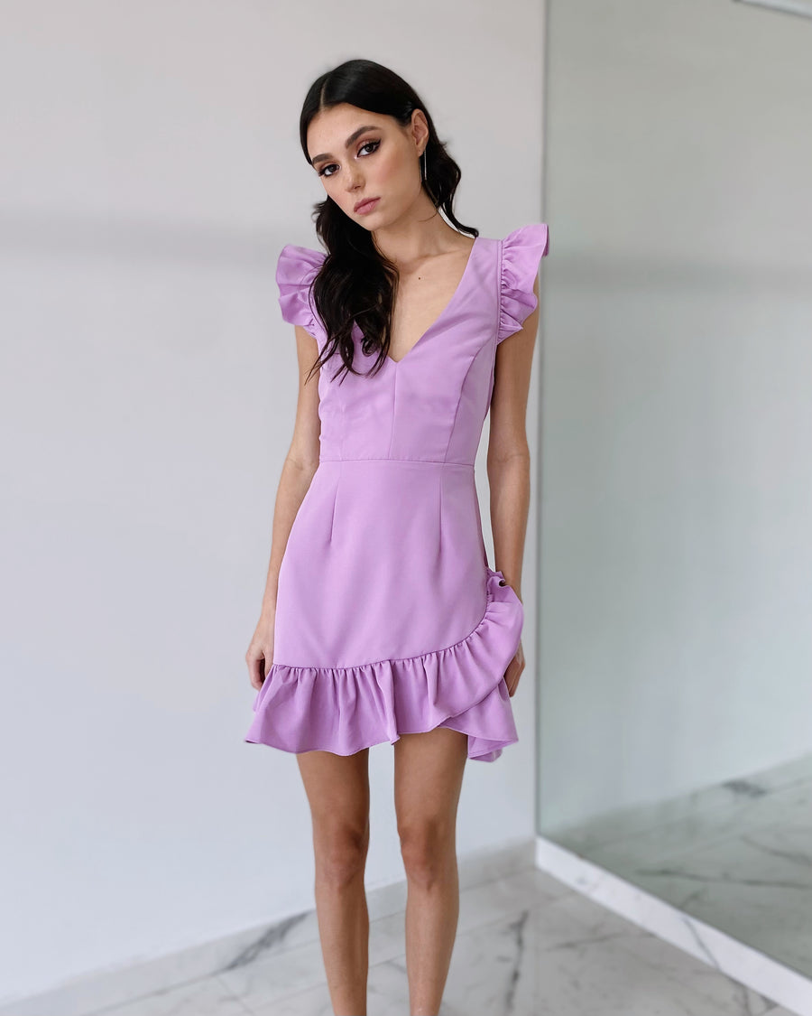 Lilac Ruffle Open Back Mini Dress
