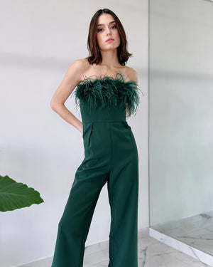 Green Strapless Feathers Jumpsuit