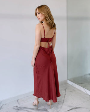 Wine Front Detail Silk Midi Dress