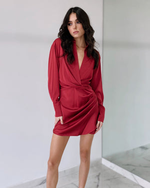 Wine V Neck Short Dress
