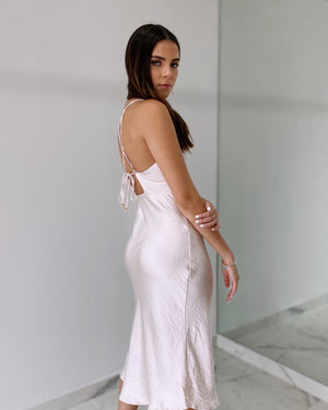 Champagne Open Back Silk Midi Dress