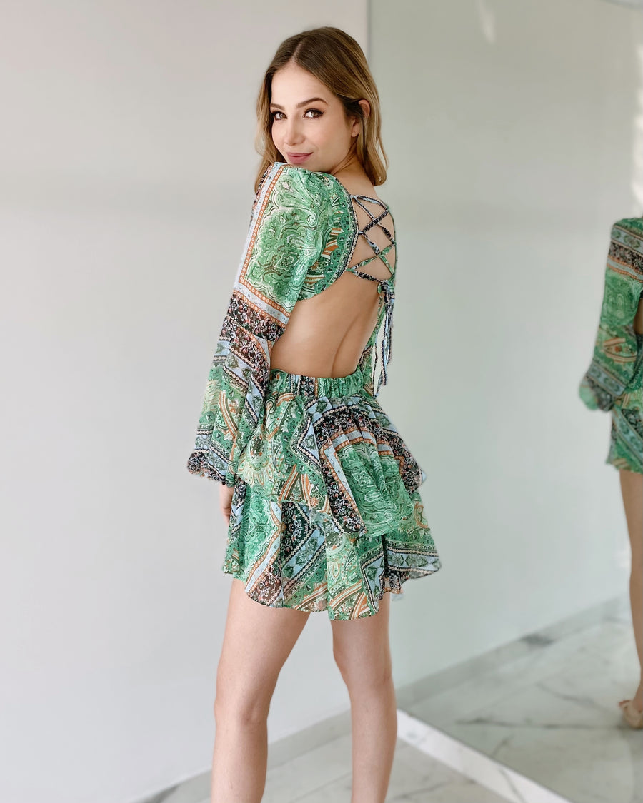 Green Print V Neck Buckle Dress