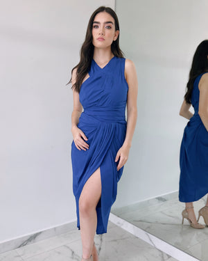 Blue Neck Detail Midi Dress