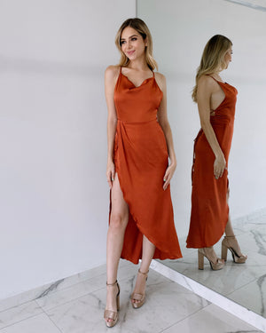 Rust Open Back Silk Midi Dress