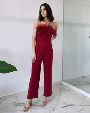 Wine Strapless Feathers Jumpsuit