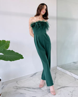 Green Strapless Feathers Jumpsuit