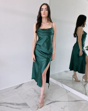 Forest Green Silk Midi Dress