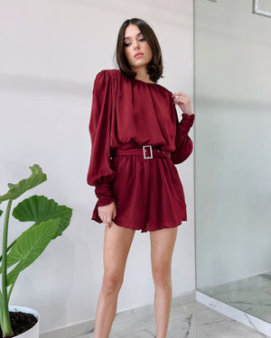 Wine Satin Basic Romper