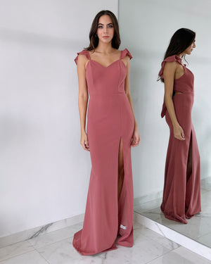 Pink Ruffle Open Leg Silk Gown Dress