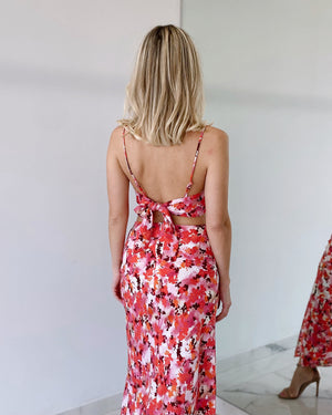 Red Floral Open Back Midi Dress