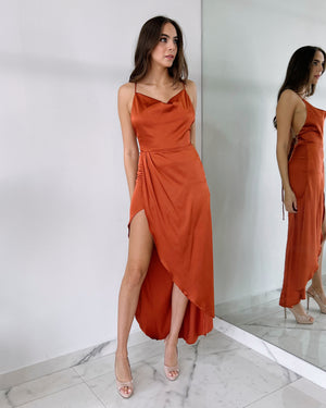 Rust Open Back Silk Midi Dress