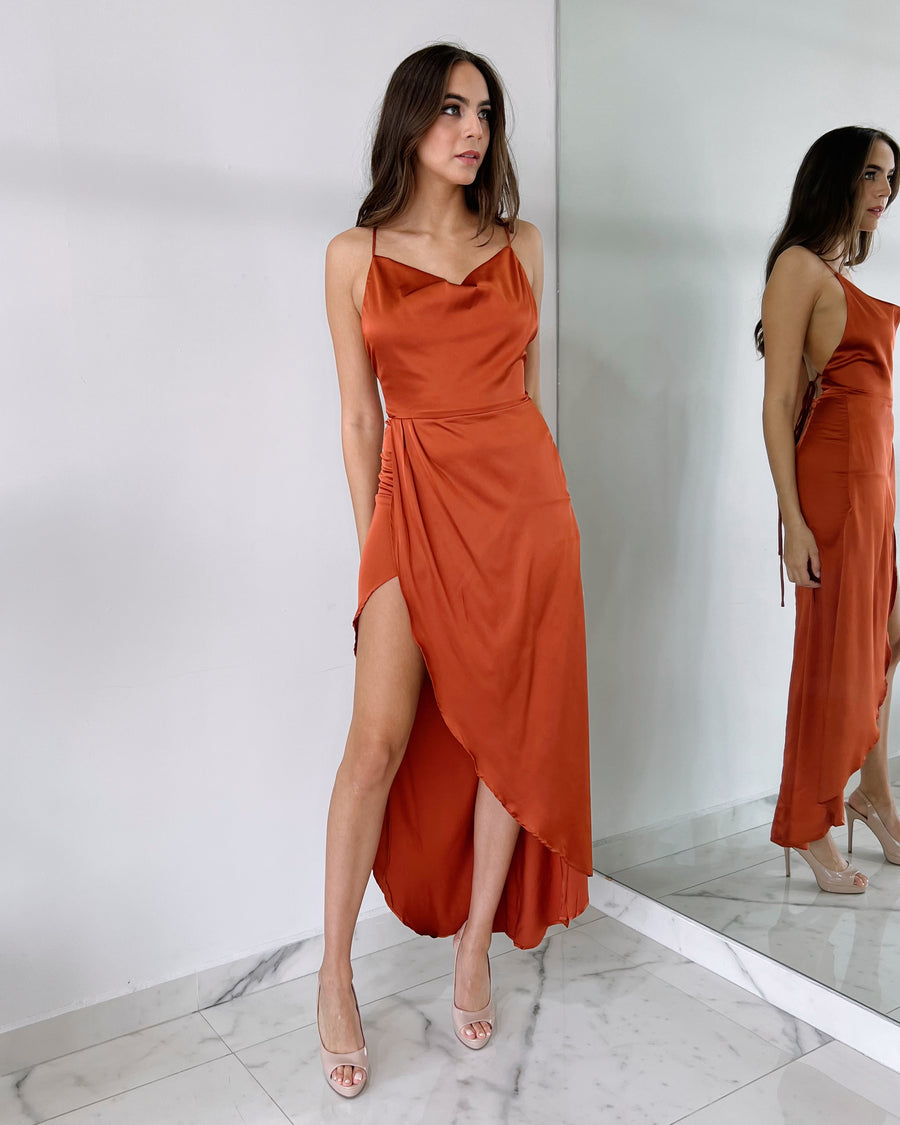 Rust Open Back Silk Midi Dress