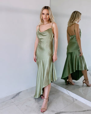 Olive Assymmetric Silk Midi Dress