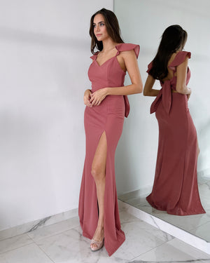 Pink Ruffle Open Leg Gown Dress