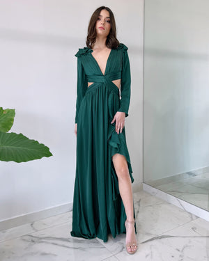 Forest Green V Neck Gown Dress