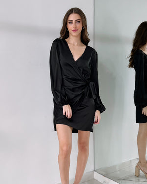 Black Silk Long Sleeve Mini Dress