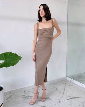 Mocha Open Back Bodycon Midi Dress