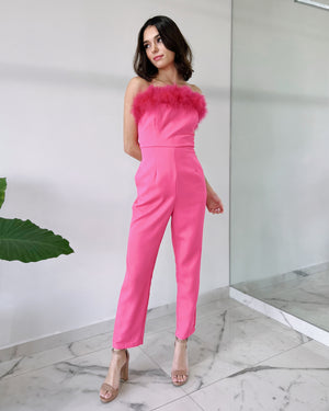 Hot Pink Strapless Feathers Jumpsuit