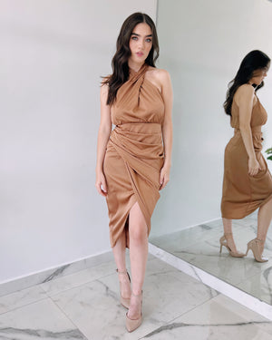 Coffee Halter Silk Midi Dress