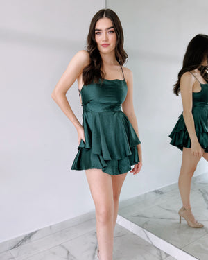 Forest Green Silk Open Back Romper